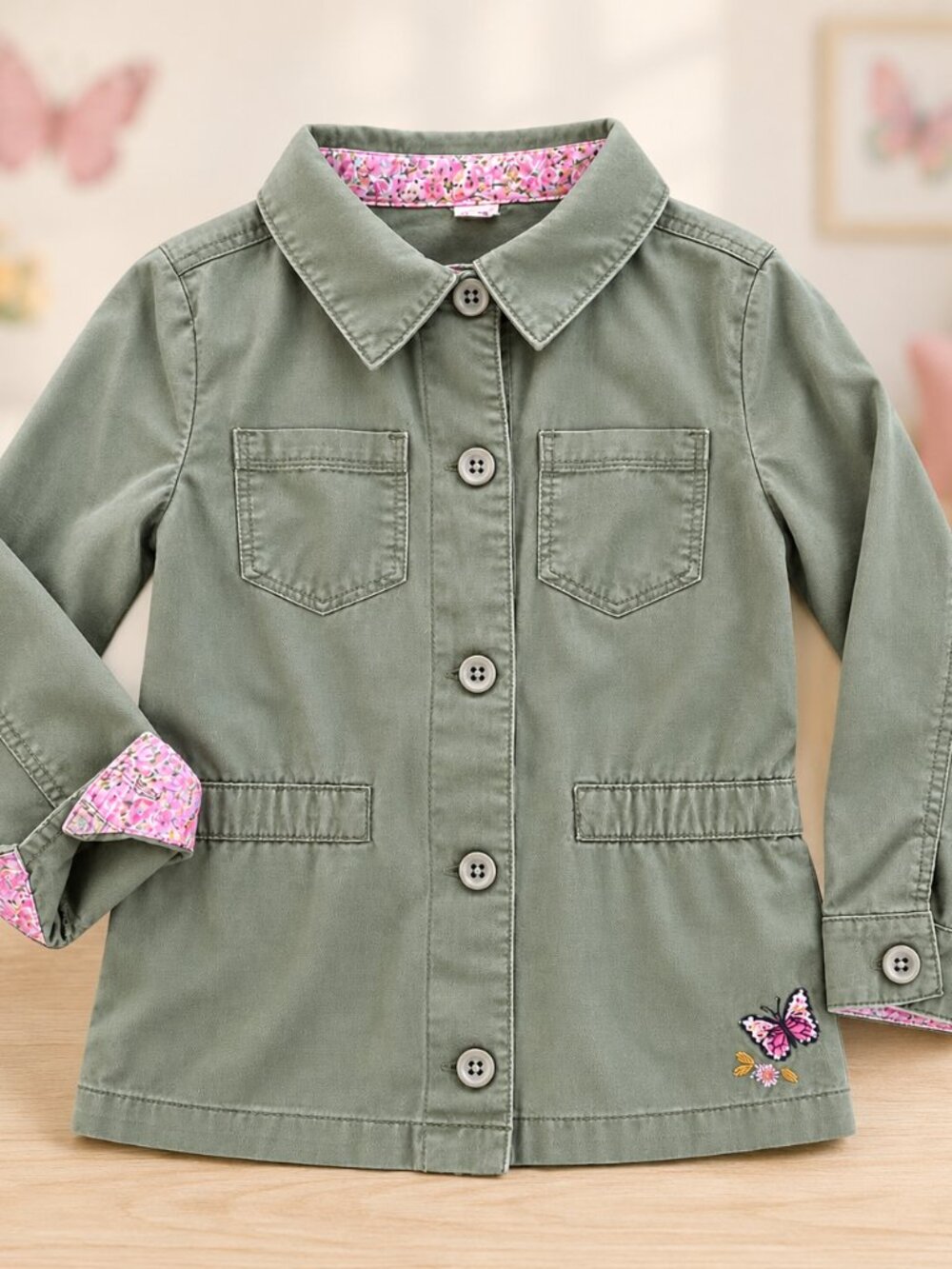 Girls Sage Green Utility Jacket Butterfly Floral Size 6 100% Cotton 1